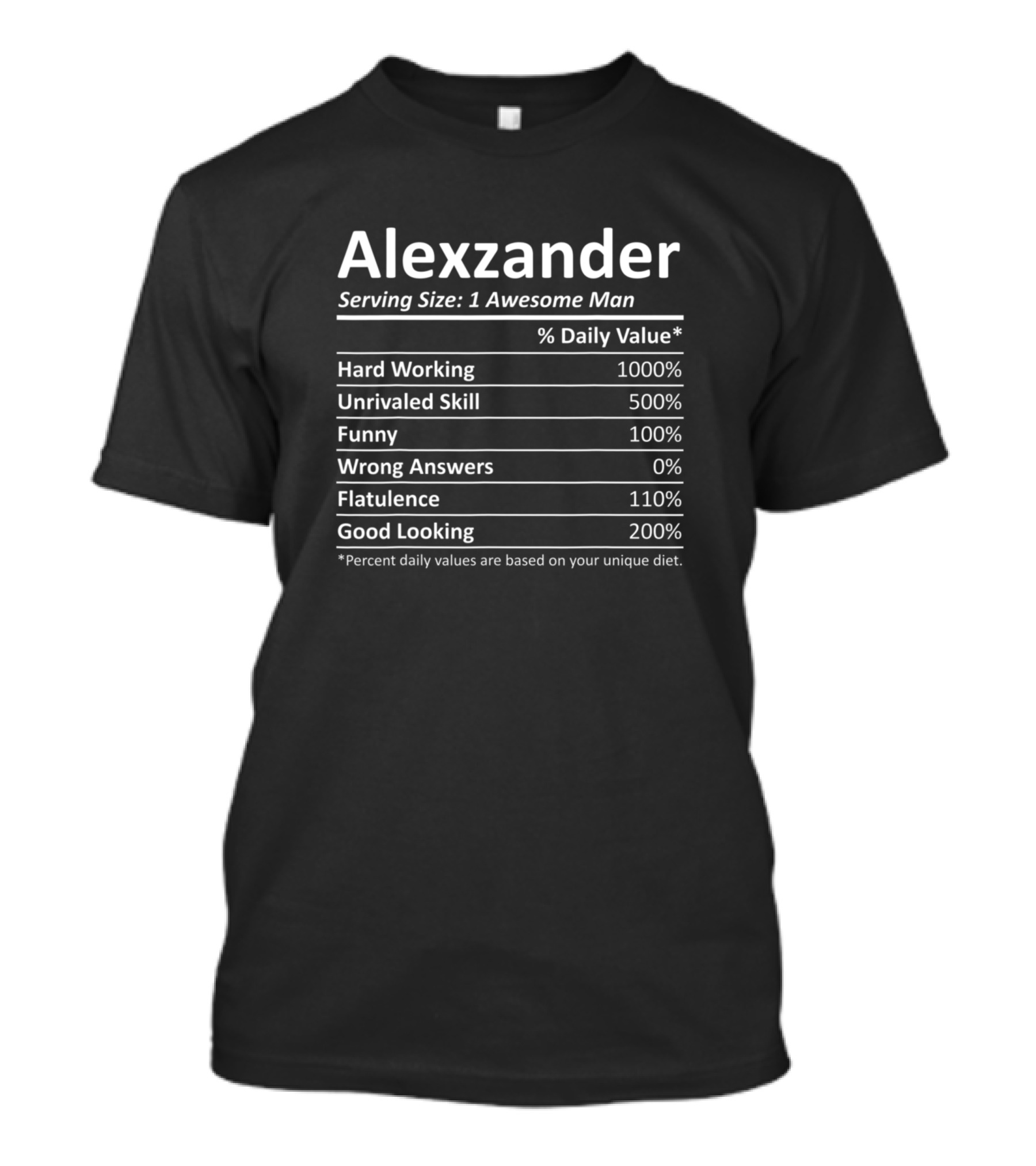 Alexzander Nutrition Facts Funny Hard Working Unrivaled Skill Good Looking Birthday T-Shirt