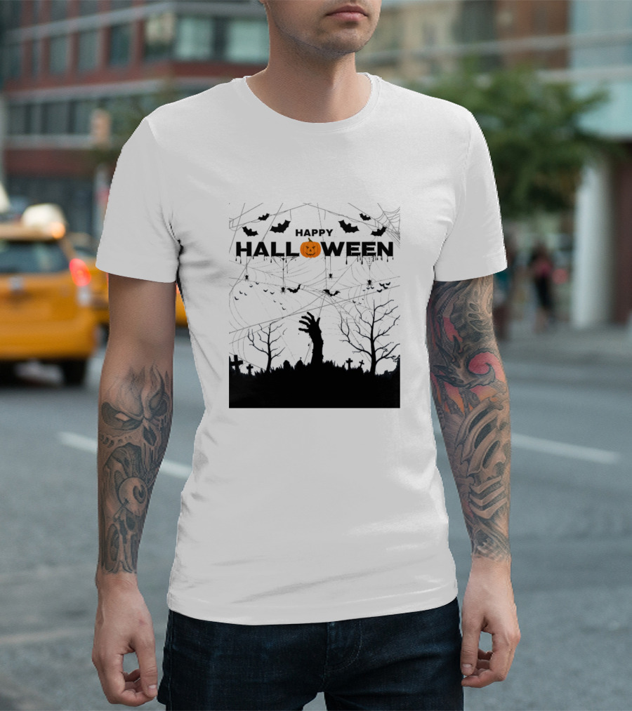 Happy Halloween Dark Graveyard Scene with Pumpkins and Bats T-Shirt