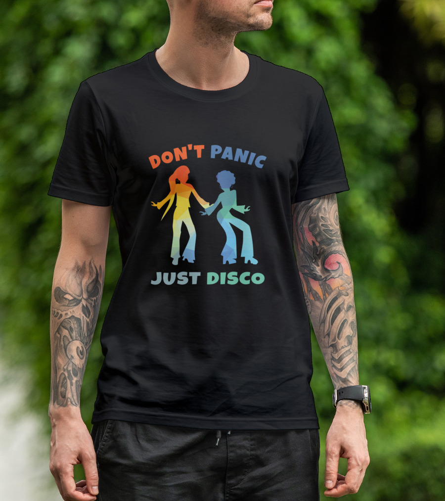 DON'T PANIC JUST DISCO Retro Dance Silhouettes Rainbow T-Shirt
