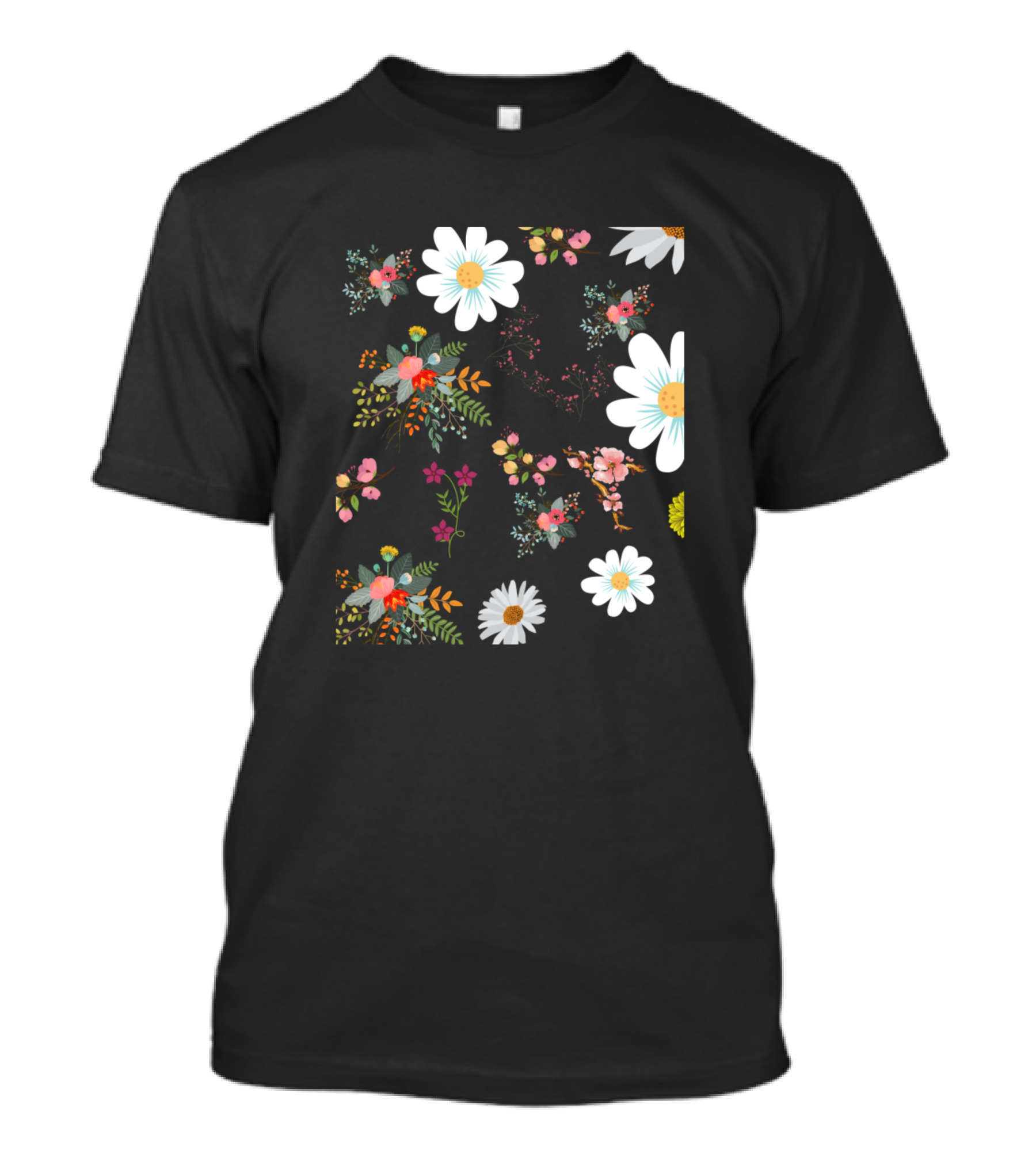 Colorful Flowers Pattern With Vibrant Leaves And Daisies T-Shirt