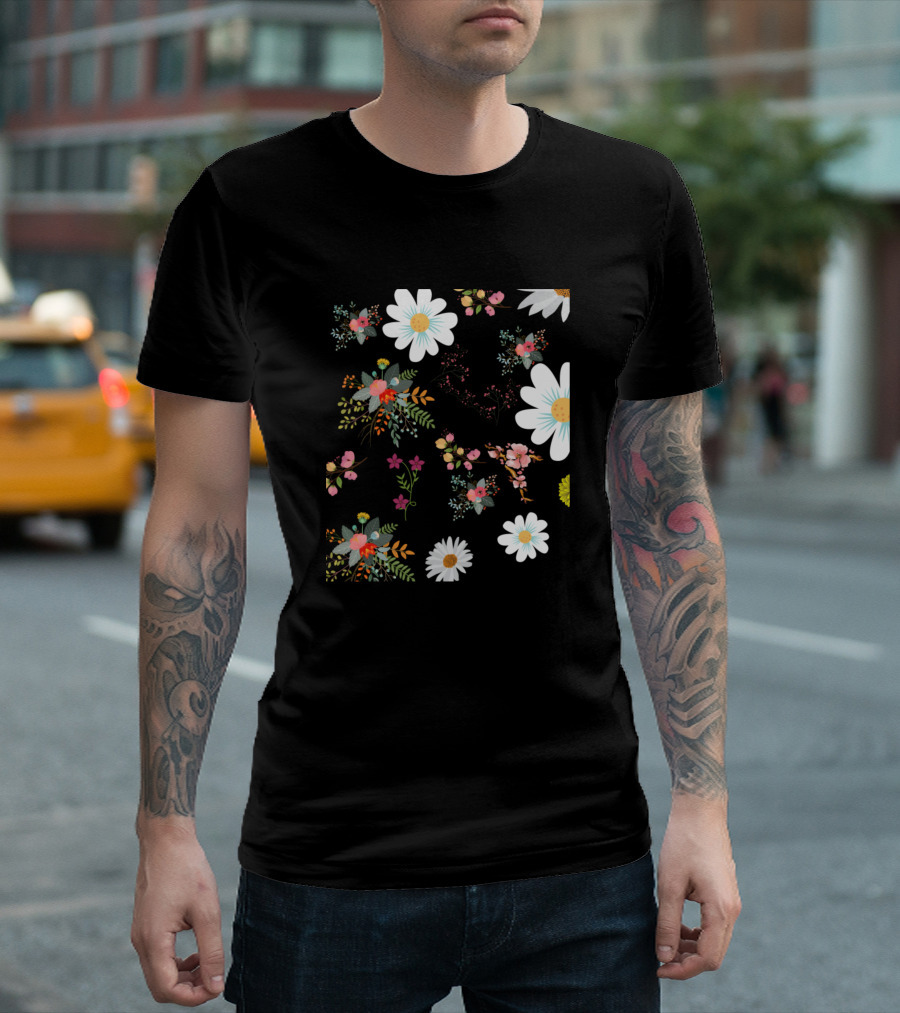 Colorful Flowers Pattern With Vibrant Leaves And Daisies T-Shirt