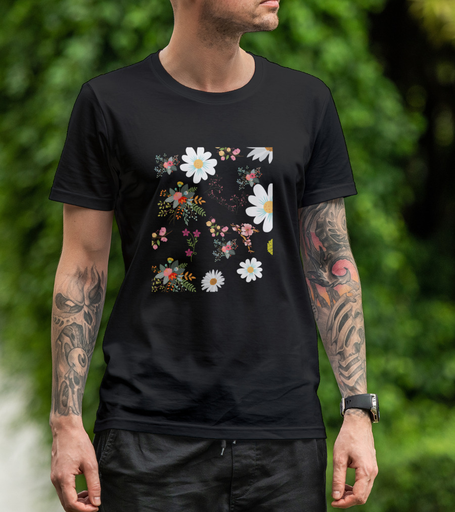 Colorful Flowers Pattern With Vibrant Leaves And Daisies T-Shirt