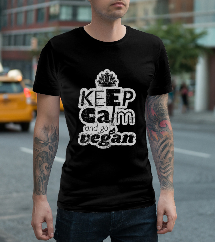 Keep Calm and Go Vegan Grunge Black and White Lotus T-Shirt