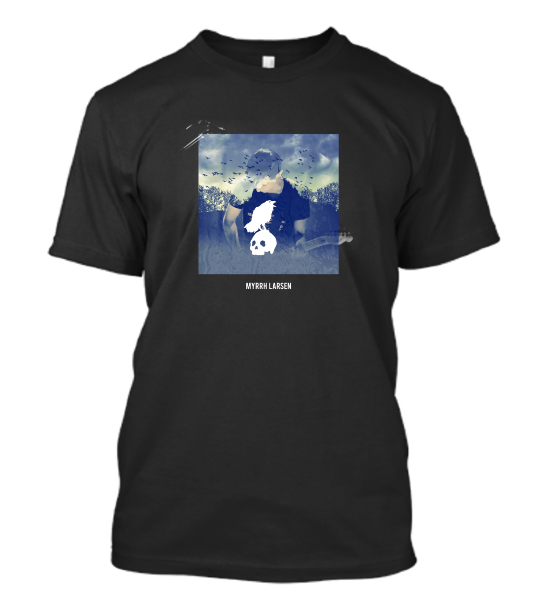 Myrrh Larsen Raven On Skull In Ominous Field T-Shirt