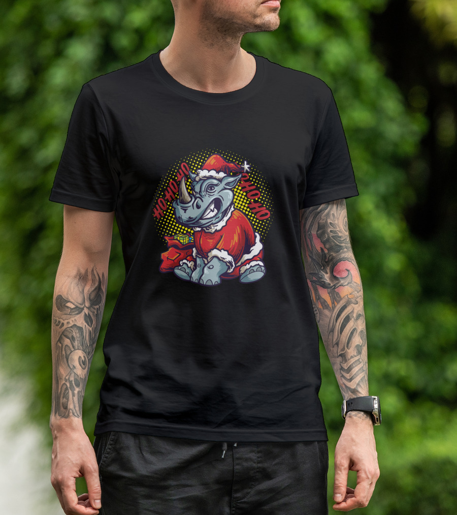 Ho Ho Ho Rhino Santa With Bag And Gift T-Shirt