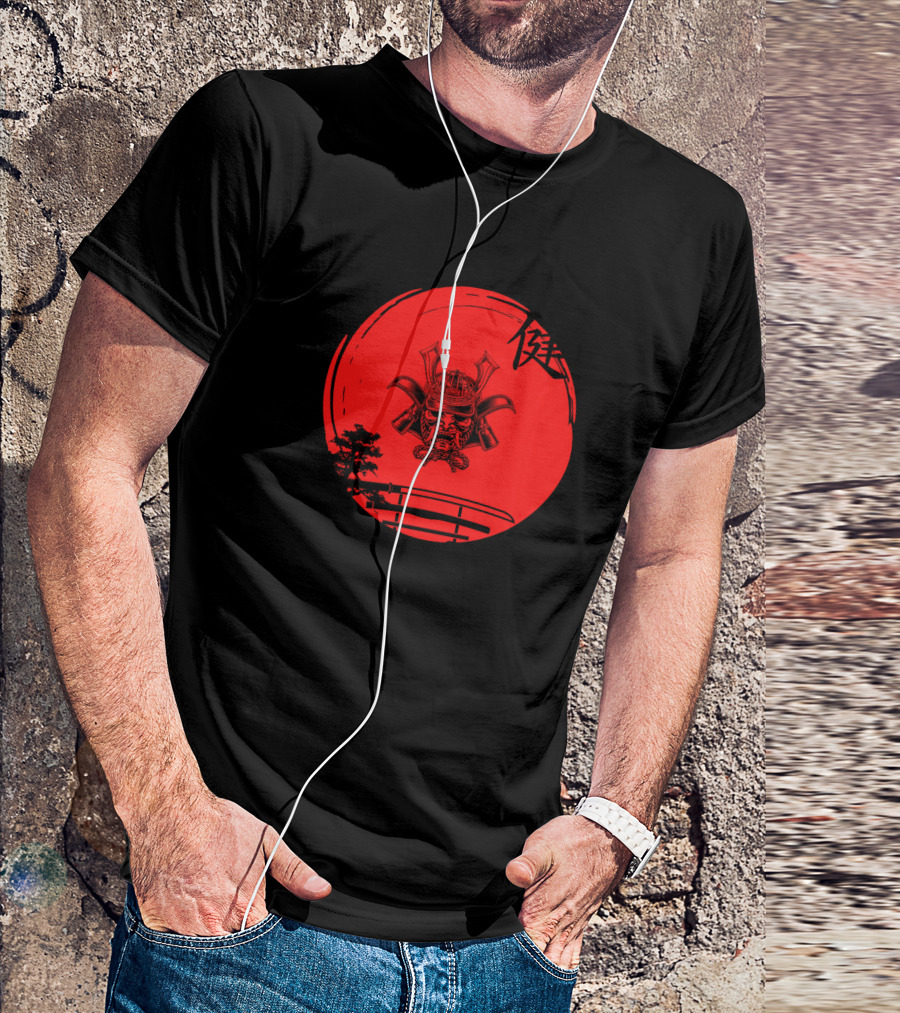 Samurai Warrior Symbol With Red Moon Bridge And Tree T-Shirt