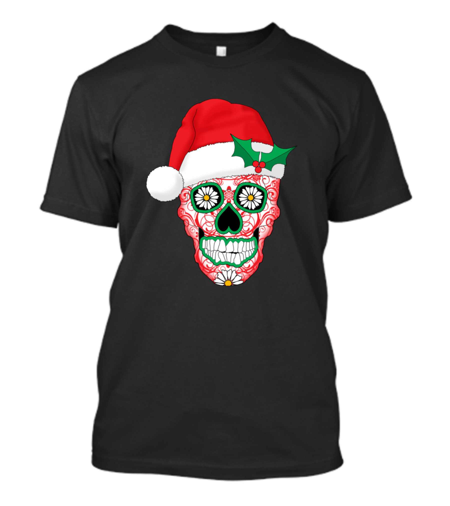 Santa Skellie Sugar Skull Santa Hat Christmas Hollys Skulls And Flowers T-Shirt