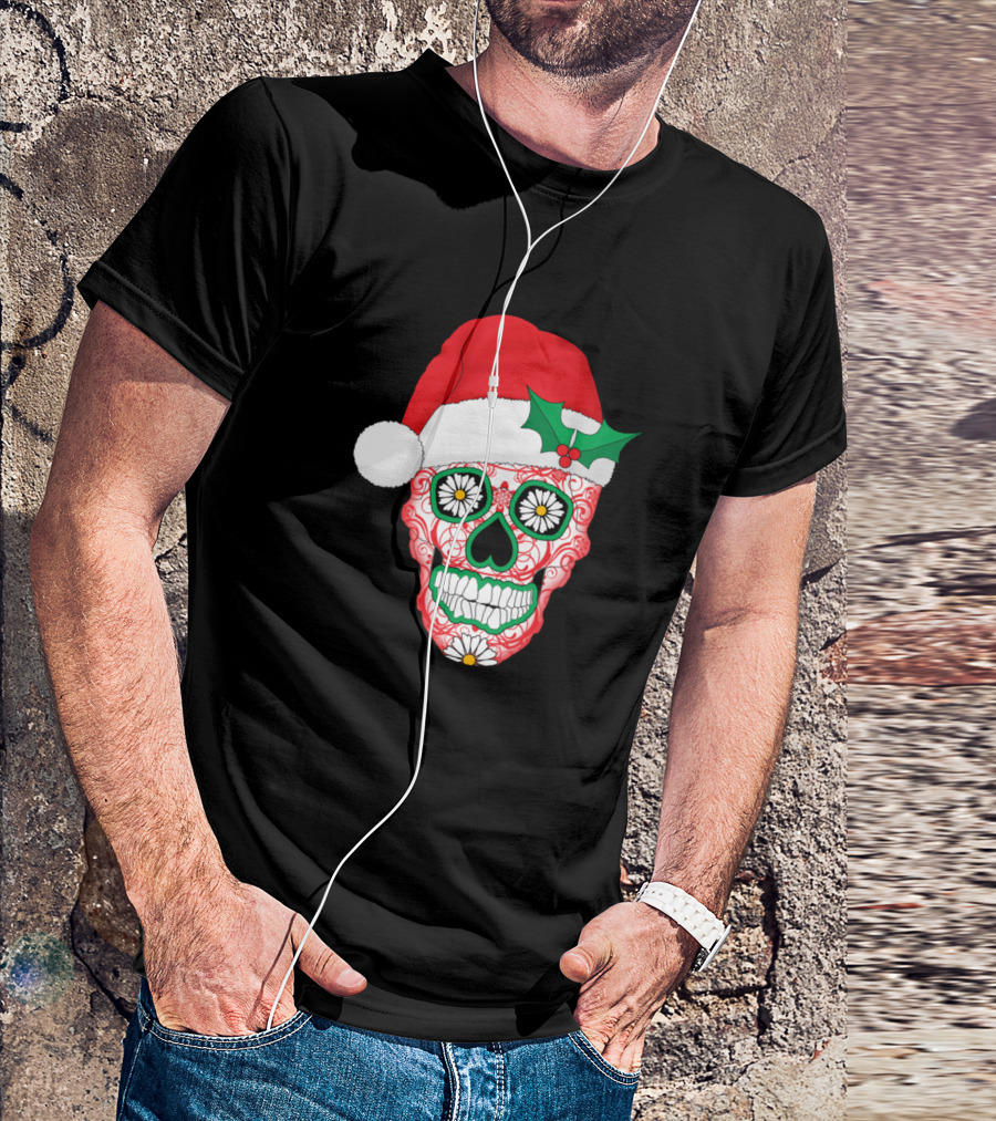 Santa Skellie Sugar Skull Santa Hat Christmas Hollys Skulls And Flowers T-Shirt