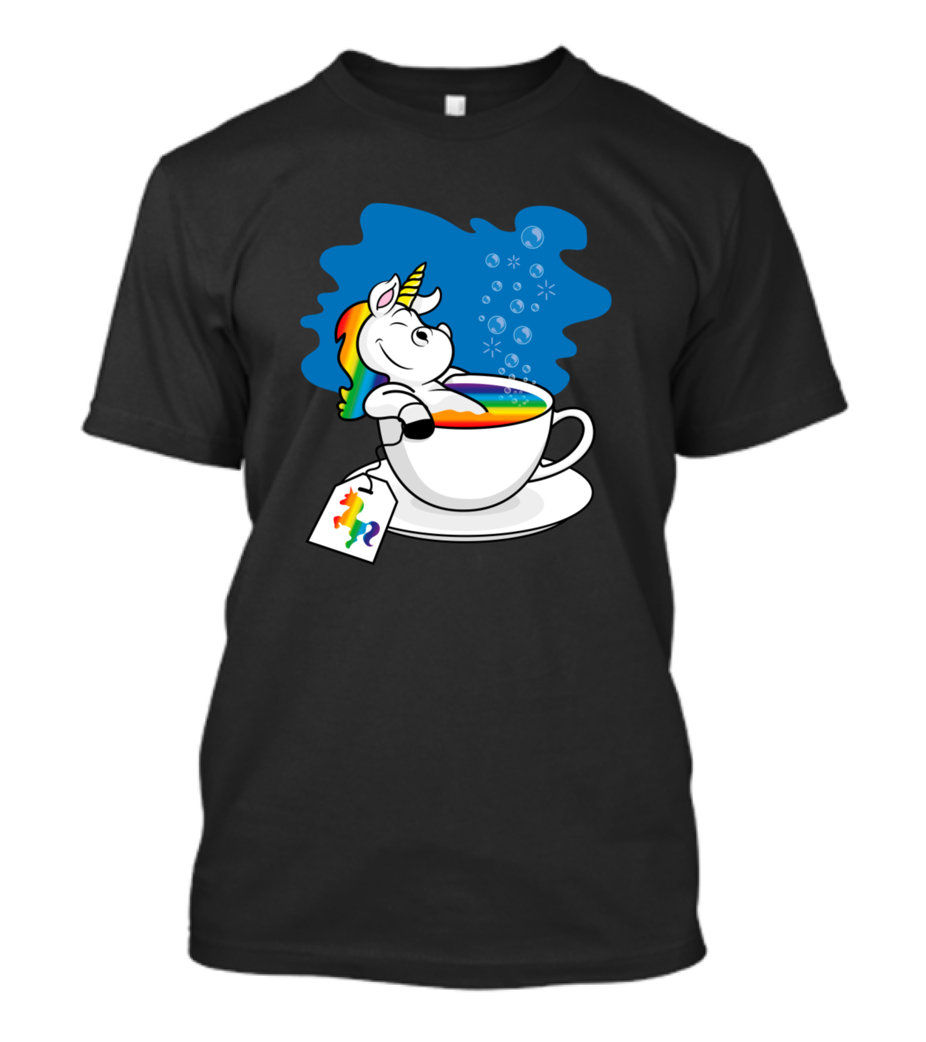 Relaxing Unicorn Bathing In Rainbow Tea Cup With Rainbow Tag T-Shirt
