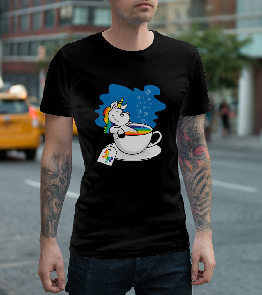Relaxing Unicorn Bathing In Rainbow Tea Cup With Rainbow Tag T-Shirt