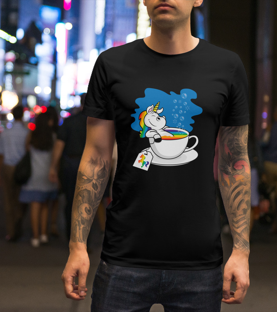 Relaxing Unicorn Bathing In Rainbow Tea Cup With Rainbow Tag T-Shirt