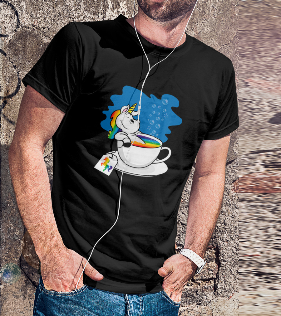Relaxing Unicorn Bathing In Rainbow Tea Cup With Rainbow Tag T-Shirt