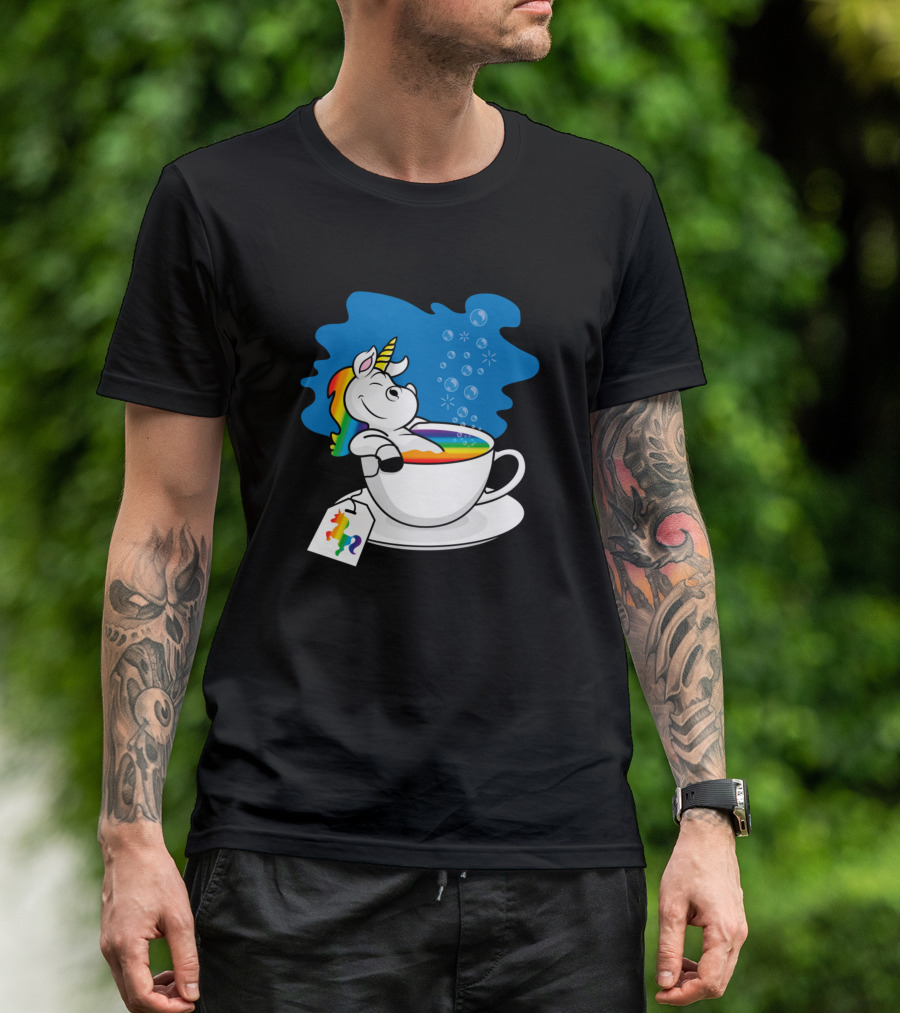 Relaxing Unicorn Bathing In Rainbow Tea Cup With Rainbow Tag T-Shirt