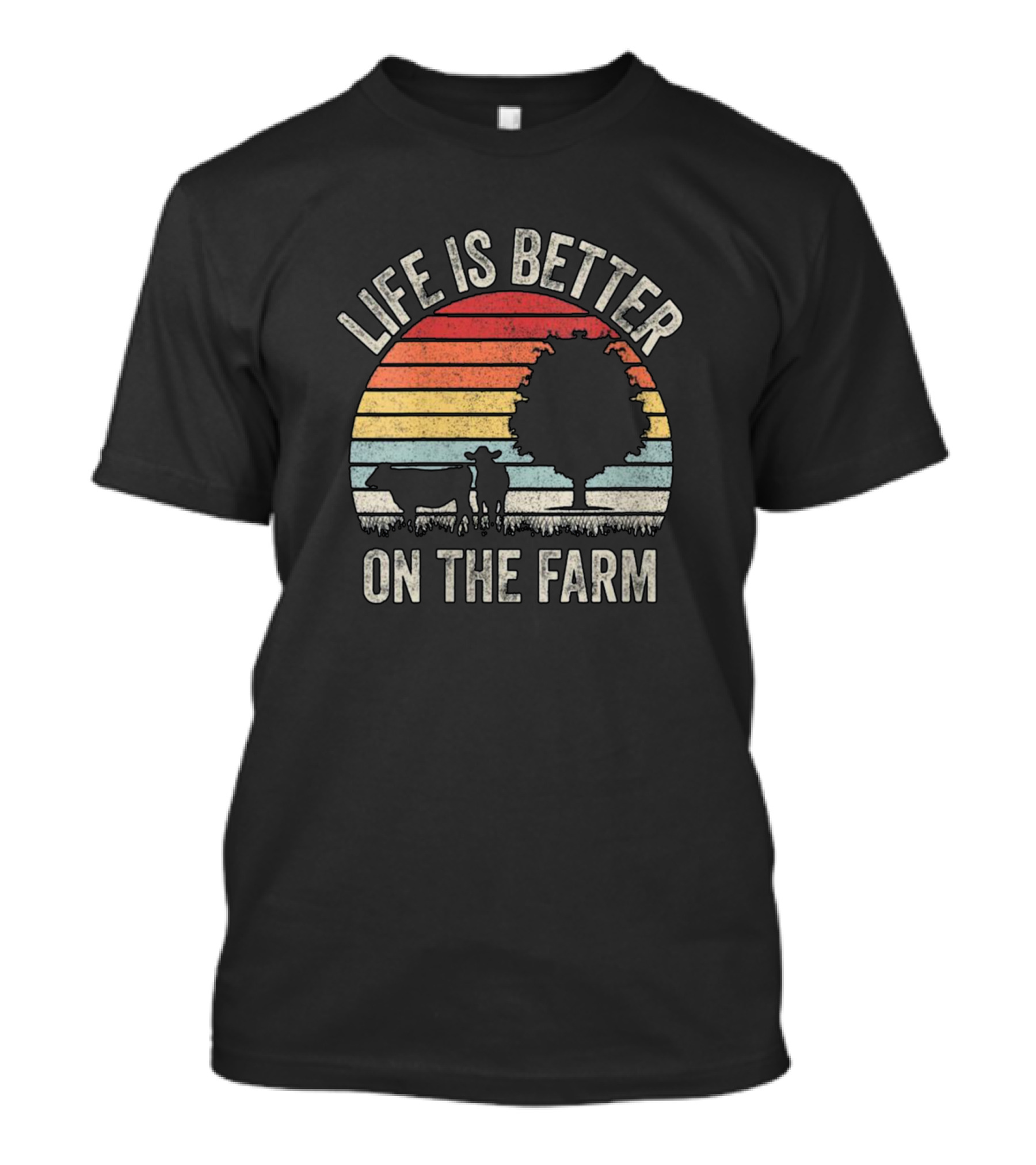Vintage Life Is Better On The Farm With Cow And Tree Silhouette Retro Sunset T-Shirt