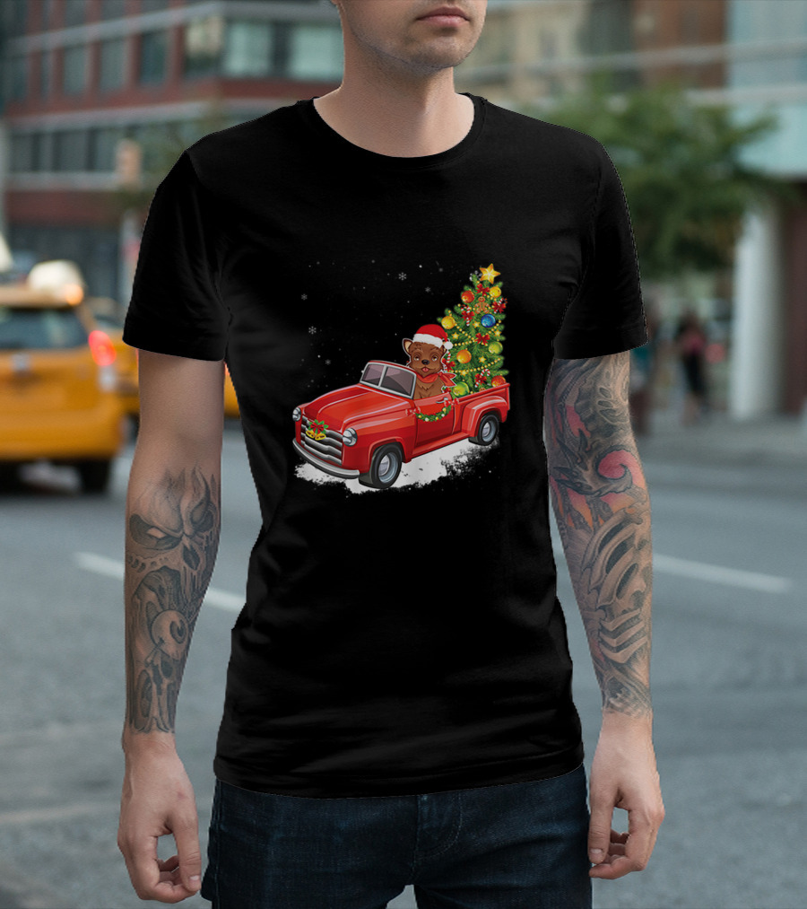 Yorkie Merry Christmas Dog Santa Hat in Red Truck with Christmas Tree T-Shirt