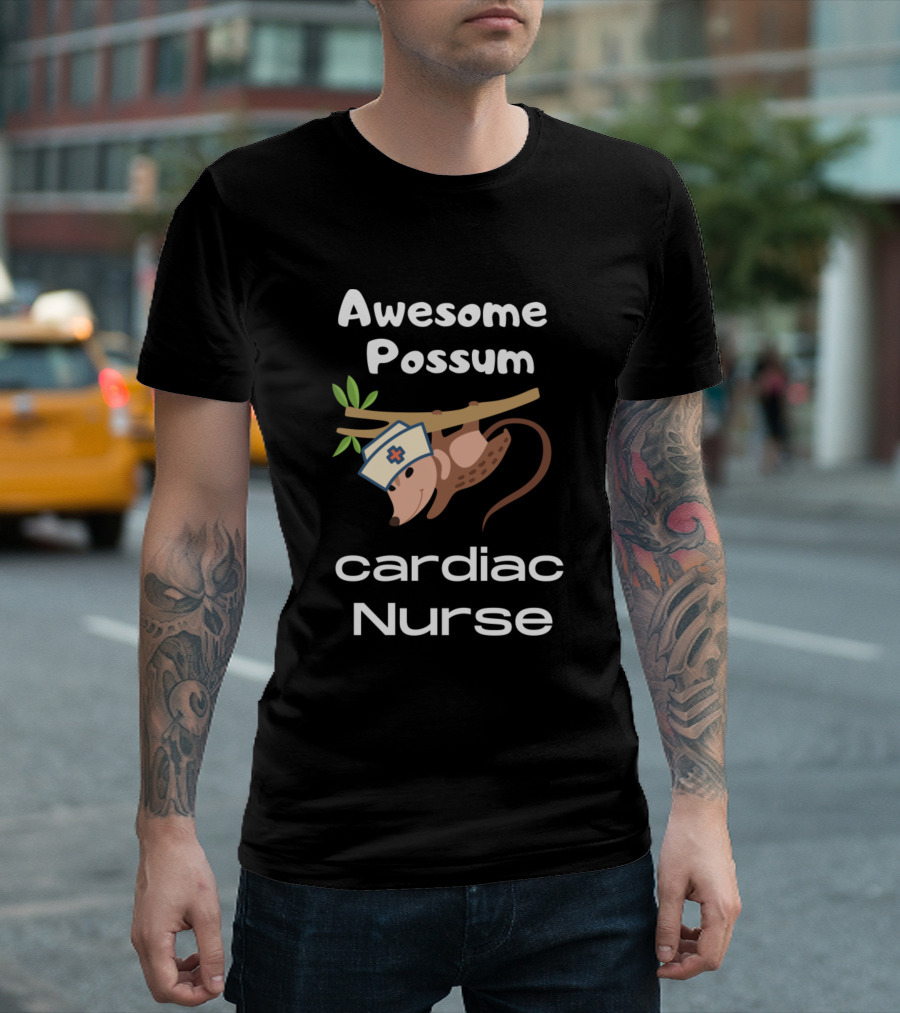 Awesome Possum Cardiac Nurse With Possum In Nurse Cap Hanging On Tree Branch T-Shirt