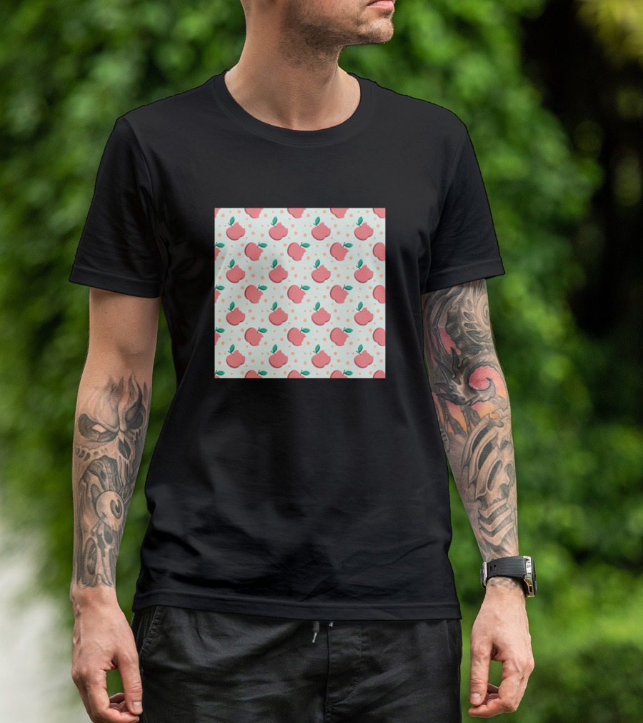 Fruit Apple Pink Pattern On White With Green Details T-Shirt