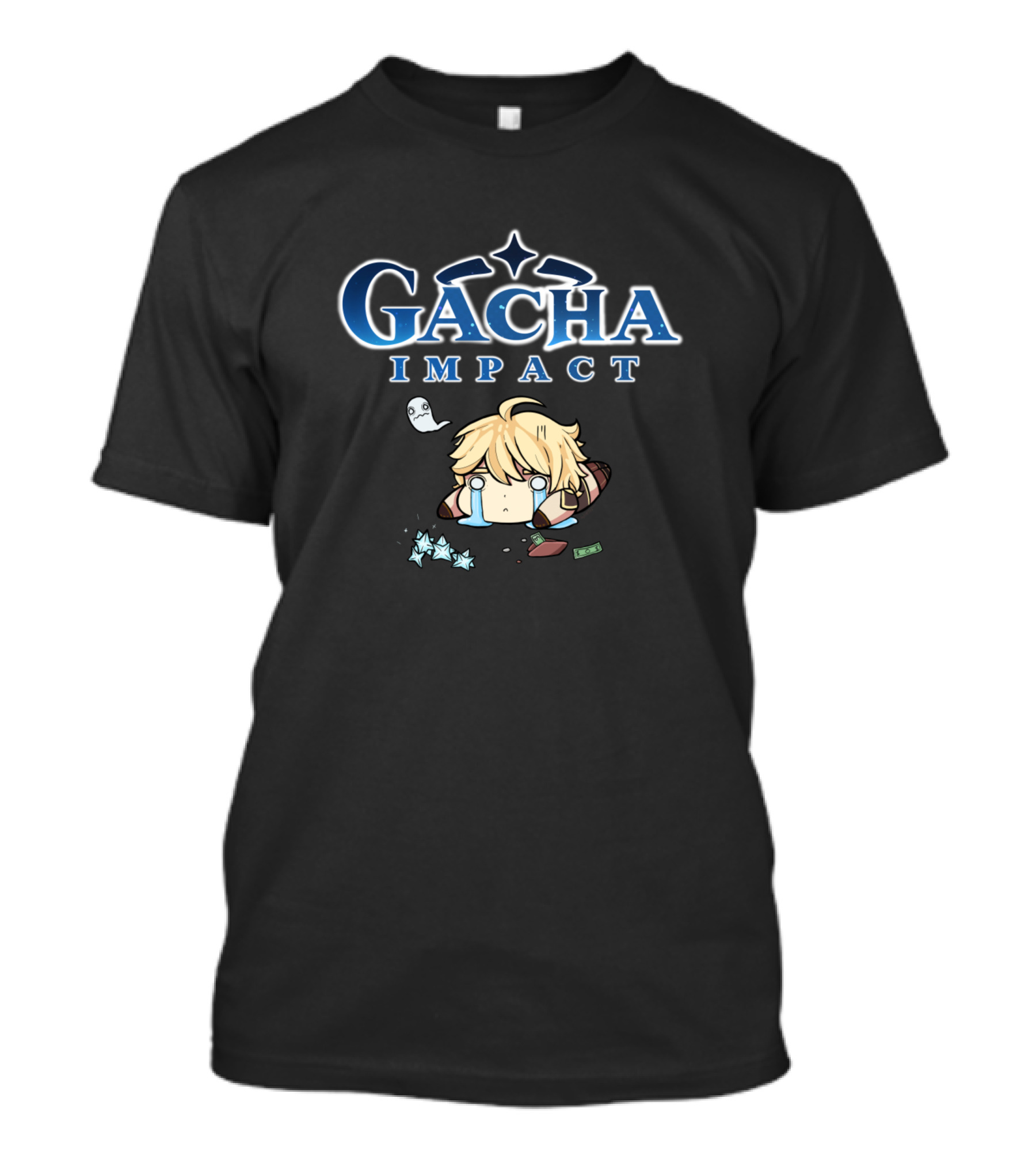 Gacha Impact Crying Chibi Character With Ghost And Money T-Shirt