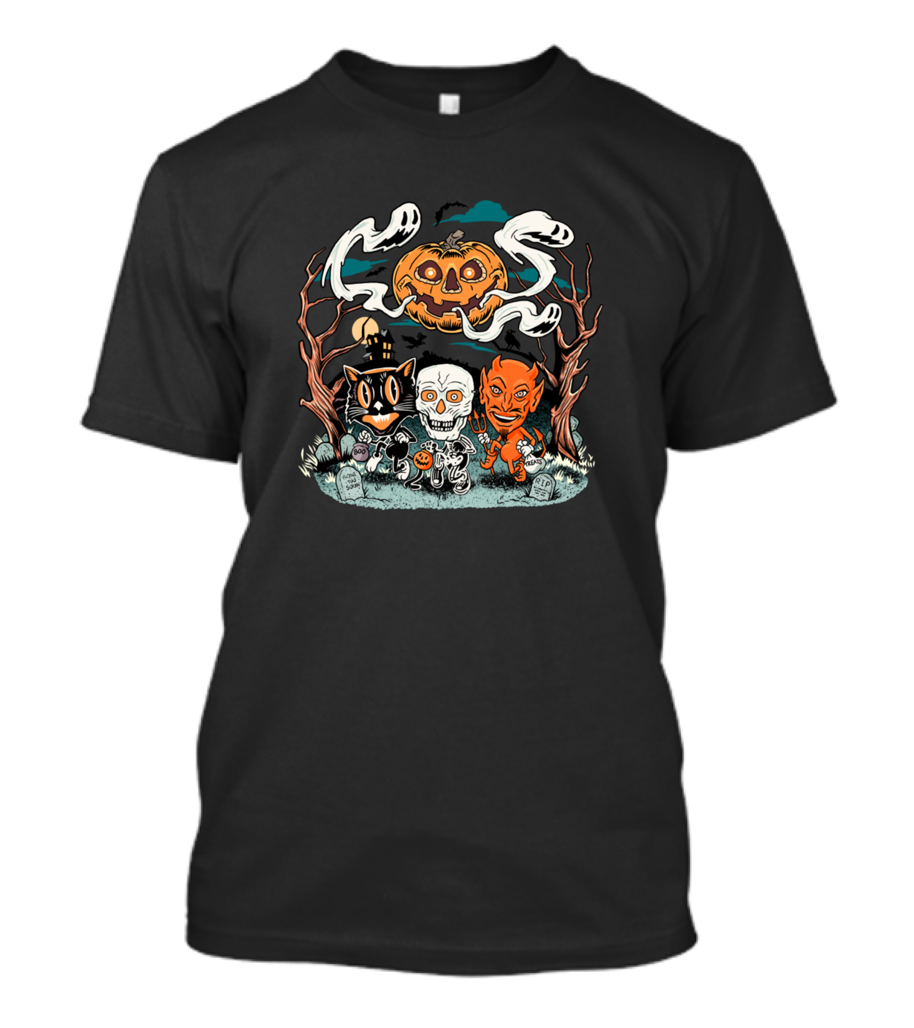 Halloween Trick Or Treaters Pumpkin Ghosts Forest Scene T-Shirt