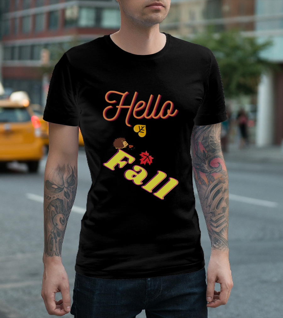 Hello Fall with Hedgehog and Falling Leaves T-Shirt