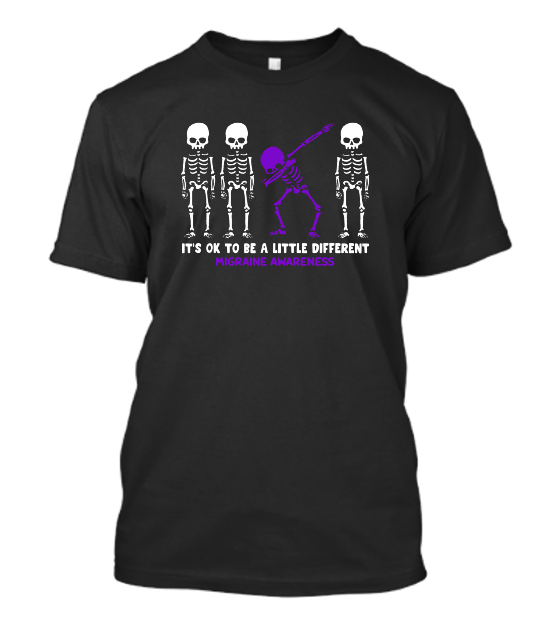 Migraine Awareness It's Ok To Be A Little Different Purple Dabbing Skeleton T-Shirt