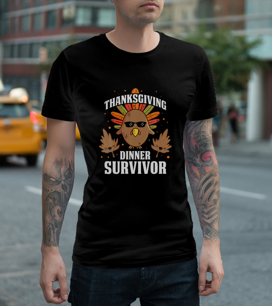 Thanksgiving Dinner Survivor Cool Turkey with Sunglasses and Leaves T-Shirt