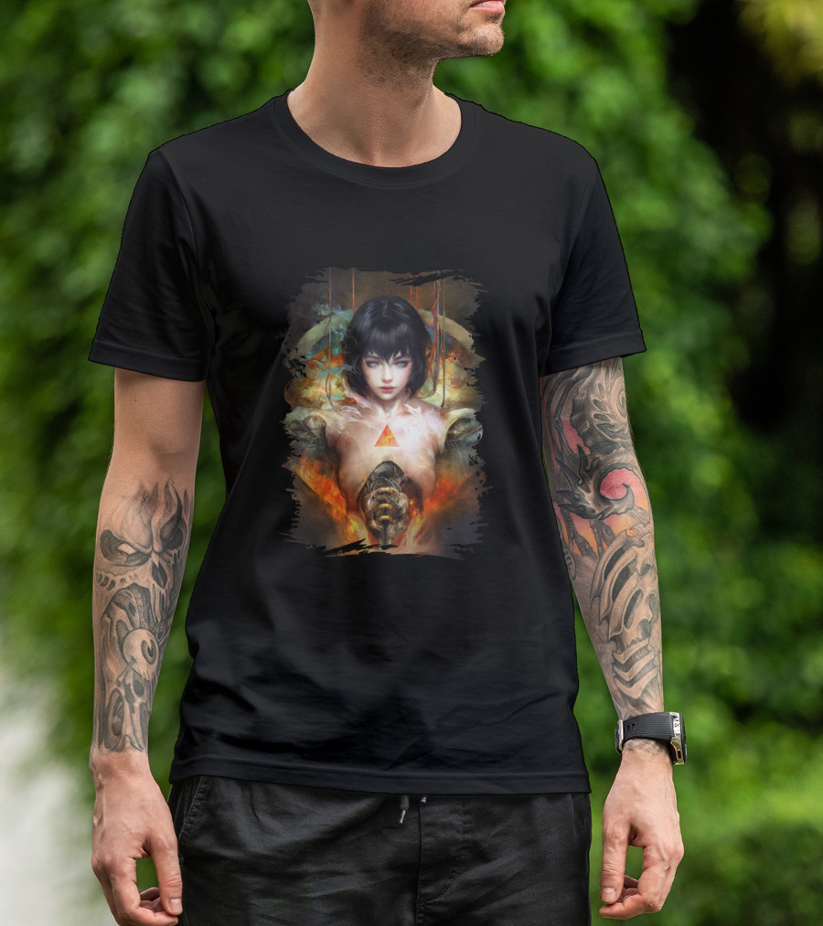 Android Girl Futuristic Cyberpunk Portrait With Fiery Elements T-Shirt