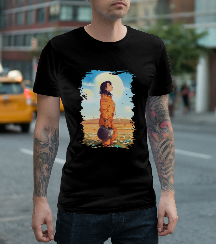 Astronaut Lady In Orange Suit Under Alien Skies T-Shirt