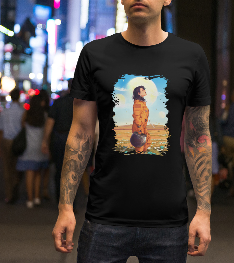 Astronaut Lady In Orange Suit Under Alien Skies T-Shirt