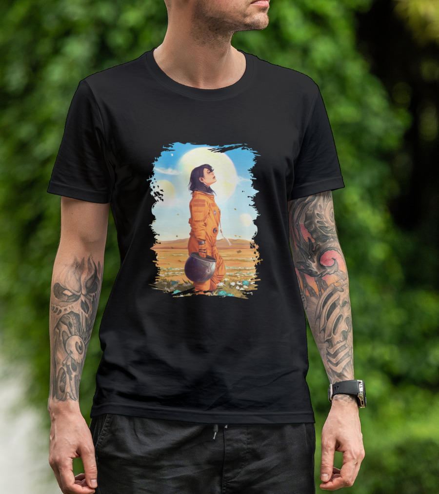 Astronaut Lady In Orange Suit Under Alien Skies T-Shirt