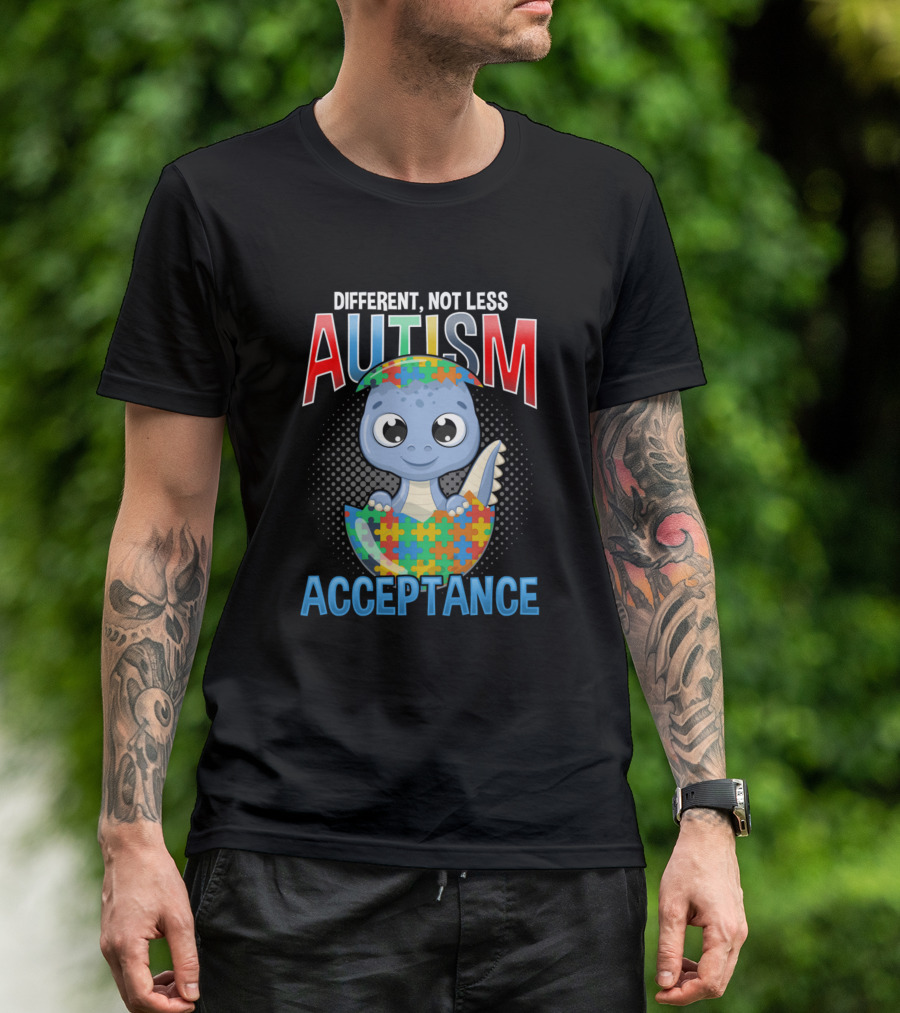 Different Not Less Autism Acceptance Puzzle Dino T-Shirt