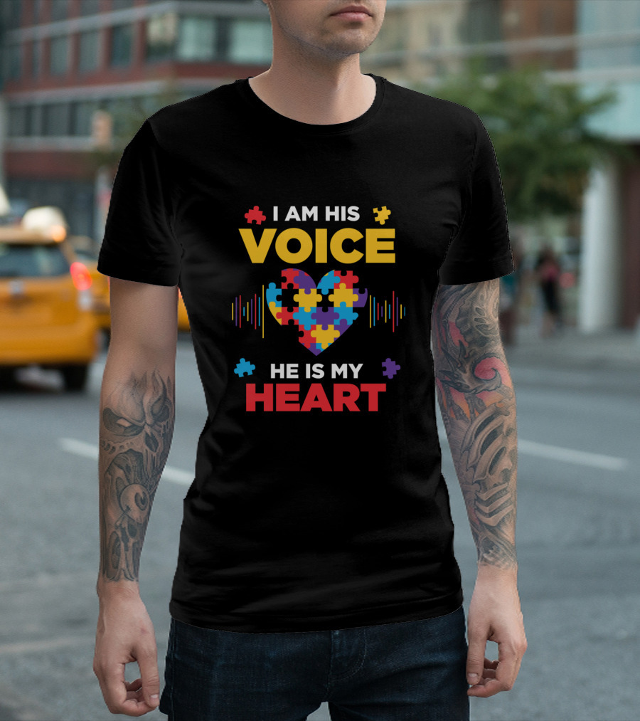 I Am His Voice He Is My Heart Autism Awareness Puzzle T-Shirt