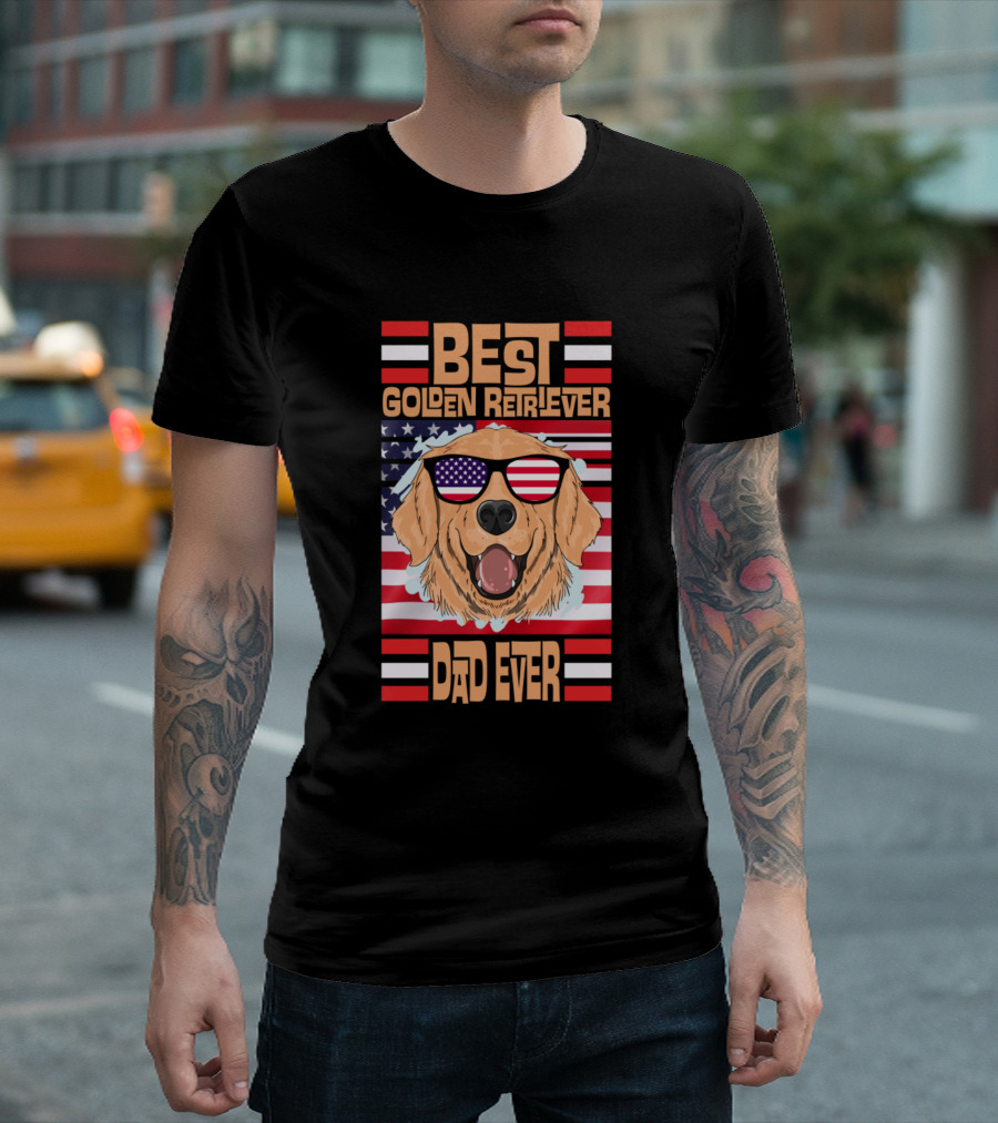 Best Golden Retriever Dad Ever American Flag Sunglasses Patriotic T-Shirt