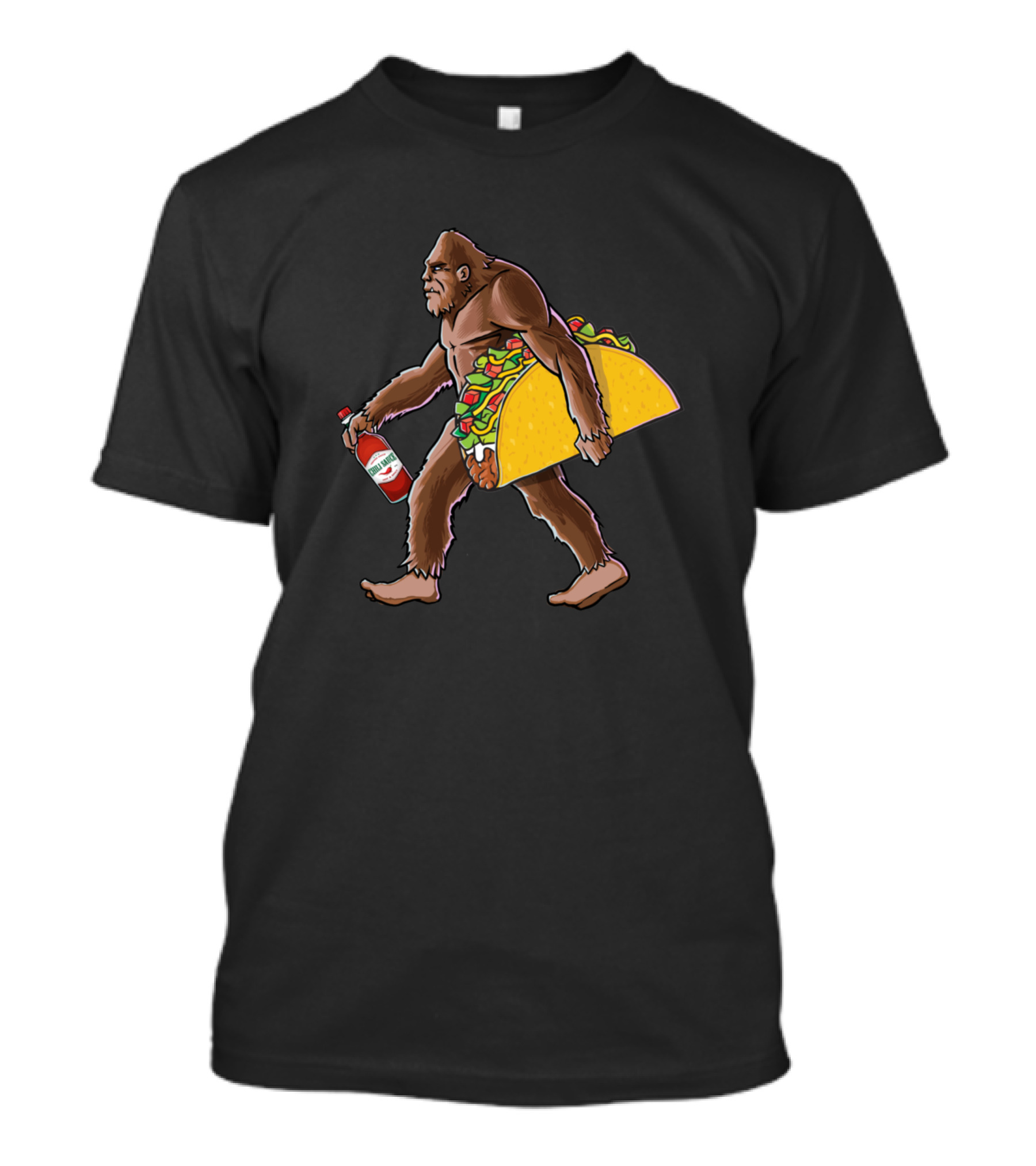 Bigfoot Walking With Taco And Hot Sauce Bottle T-Shirt