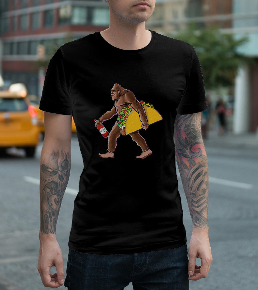 Bigfoot Walking With Taco And Hot Sauce Bottle T-Shirt