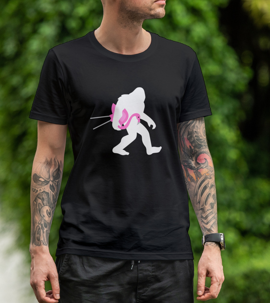 Bigfoot Sasquatch Carrying Lawn Flamingo Funny T-Shirt