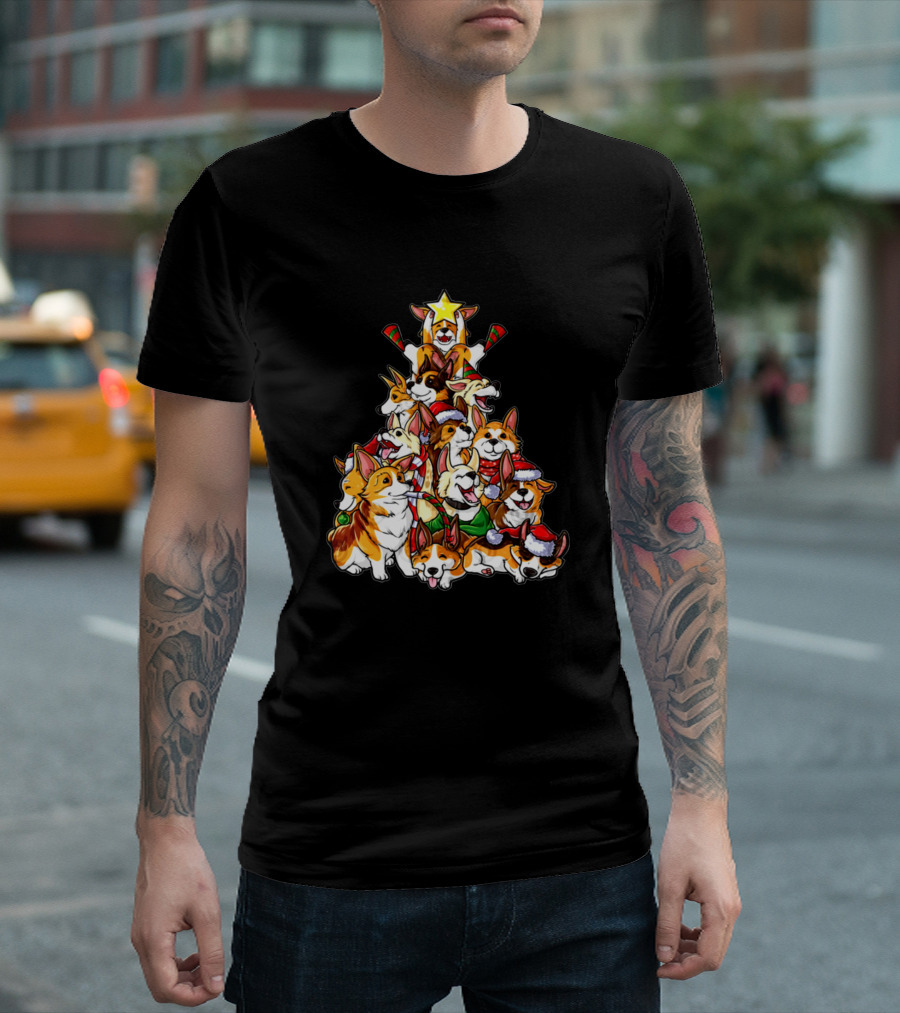 Corgi Lover Christmas Tree with Dogs in Holiday Hats and Star T-Shirt