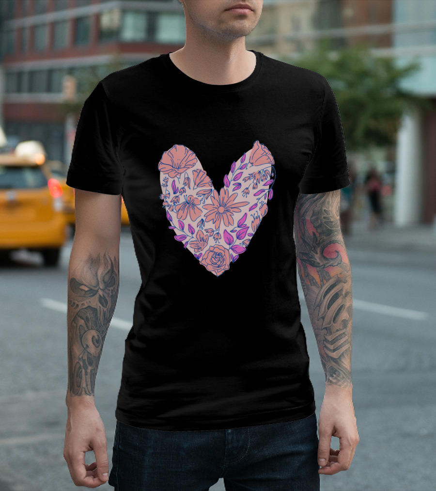 Floral Heart Botanical Design with Pink and Purple Blossoms T-Shirt