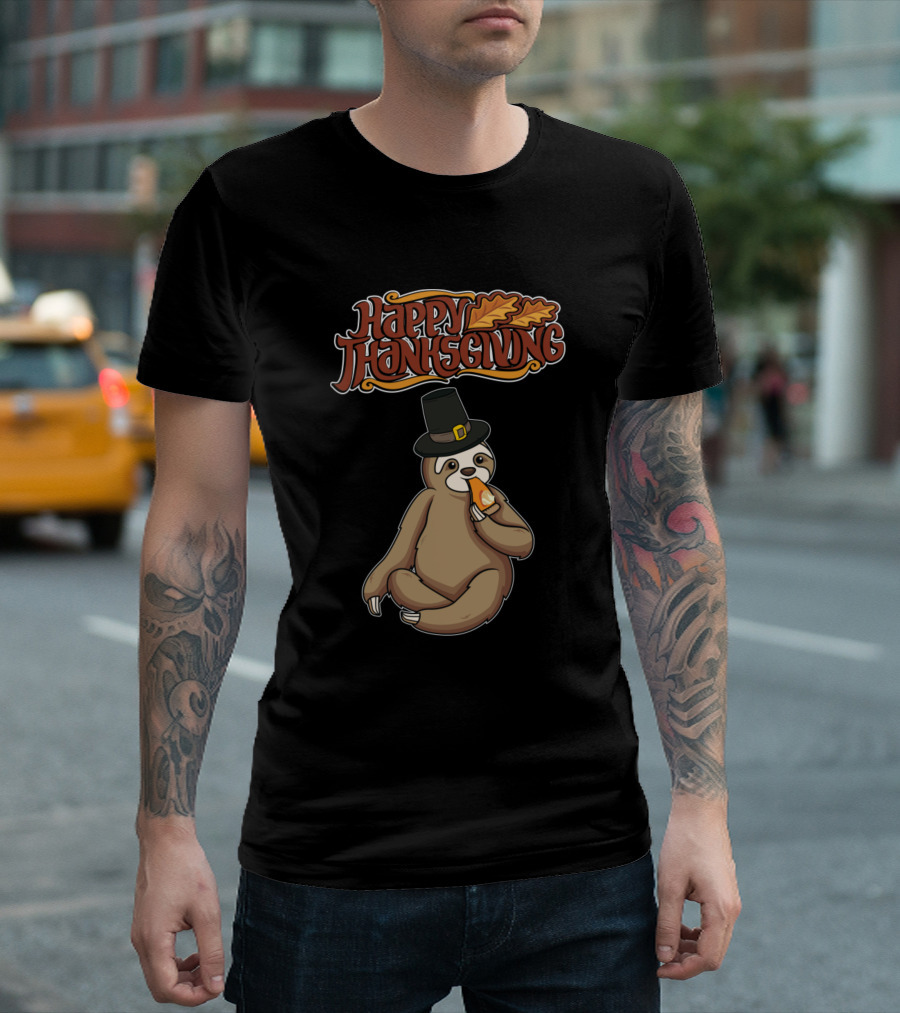 Happy Thanksgiving Sloth Eating Pizza with Turkey Hat T-Shirt