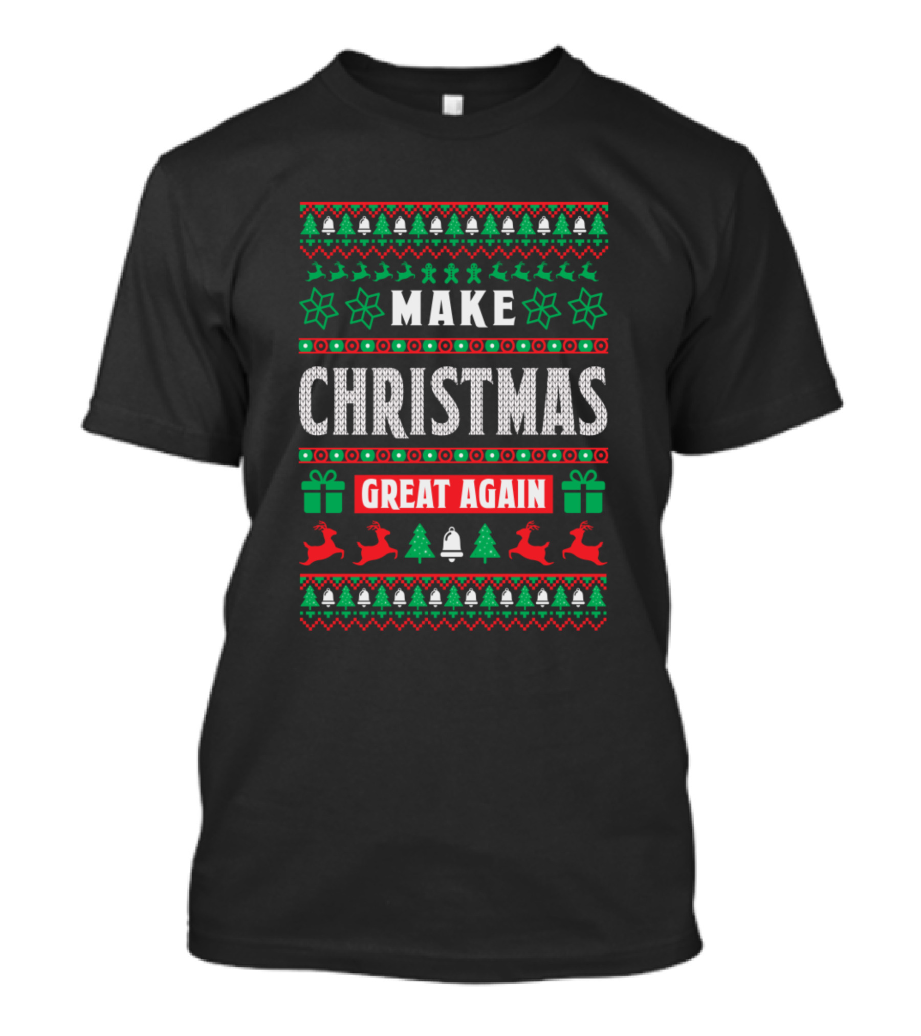 Make Christmas Great Again Festive Sweater Design With Reindeer, Bells, And Gifts T-Shirt