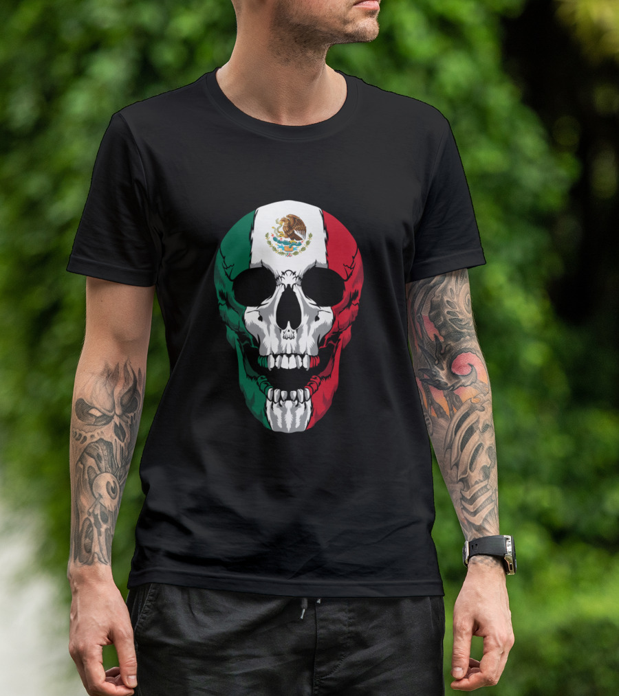 Mexico Flag Skull Mexican Roots T-Shirt
