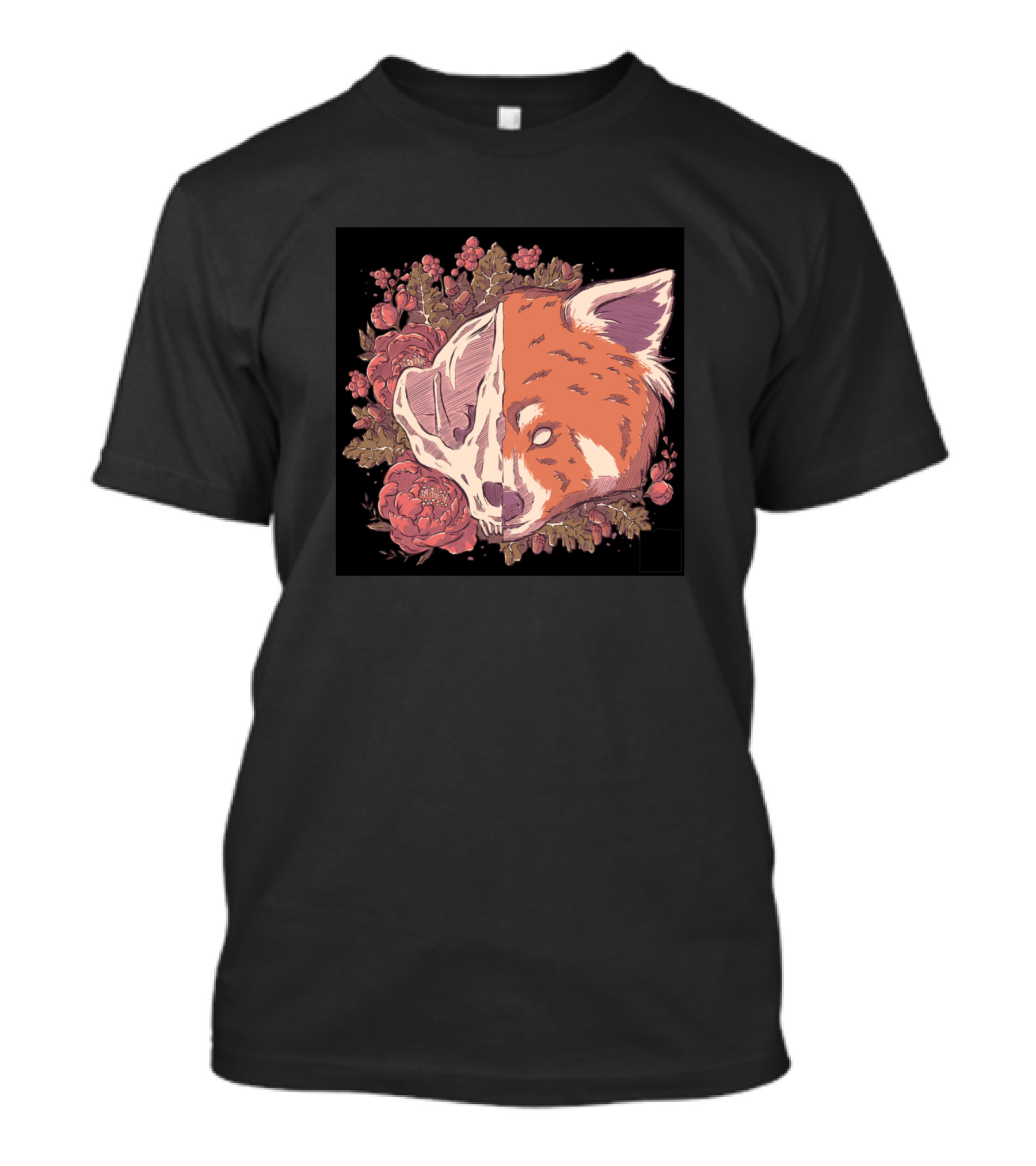 Skeleton Weasel Floral Red Panda Half Skull T-Shirt