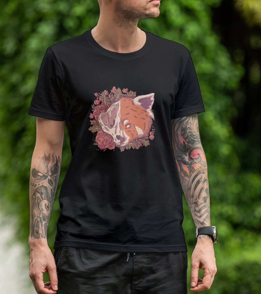 Skeleton Weasel Floral Red Panda Half Skull T-Shirt