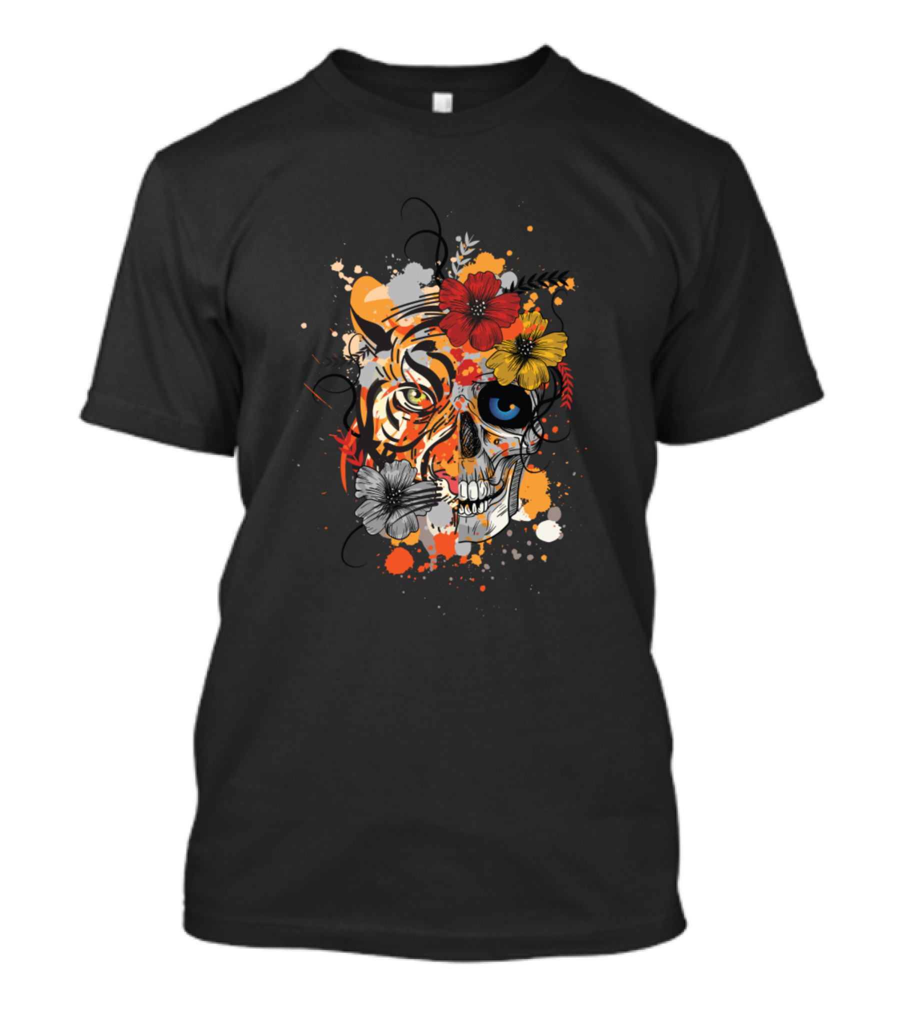 Tiger And Skull Colorful Tattoo Desi Artwork Floral Flowers T-Shirt