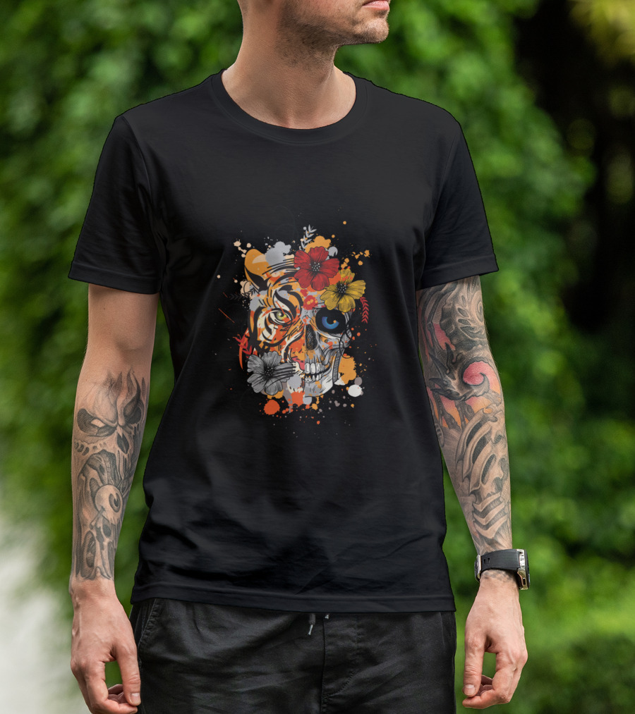 Tiger And Skull Colorful Tattoo Desi Artwork Floral Flowers T-Shirt