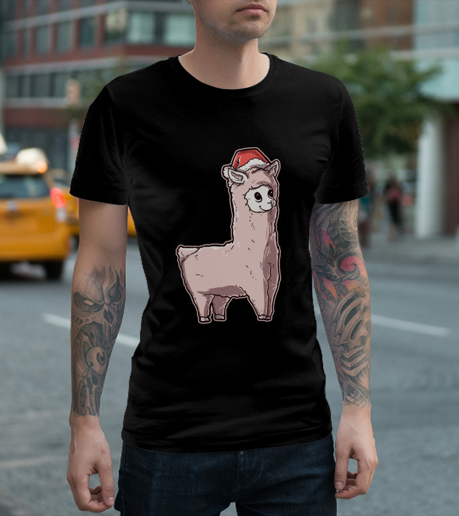 Christmas Llama With Santa Hat T-Shirt