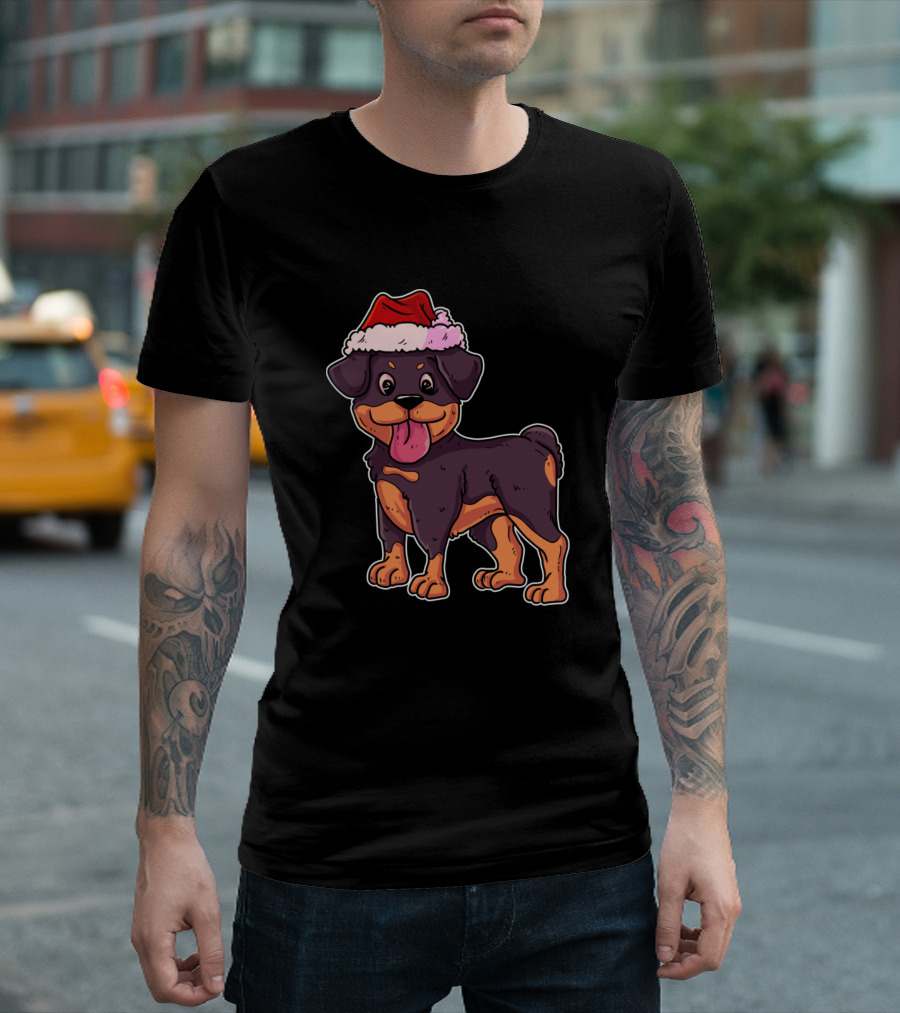 Christmas Rottweiler Santa Hat Cute Cartoon Dog T-Shirt