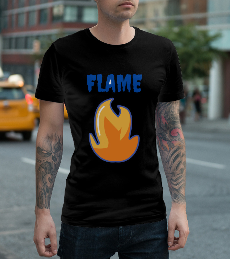 FLAME Fire Icon Bold Blue Text T-Shirt