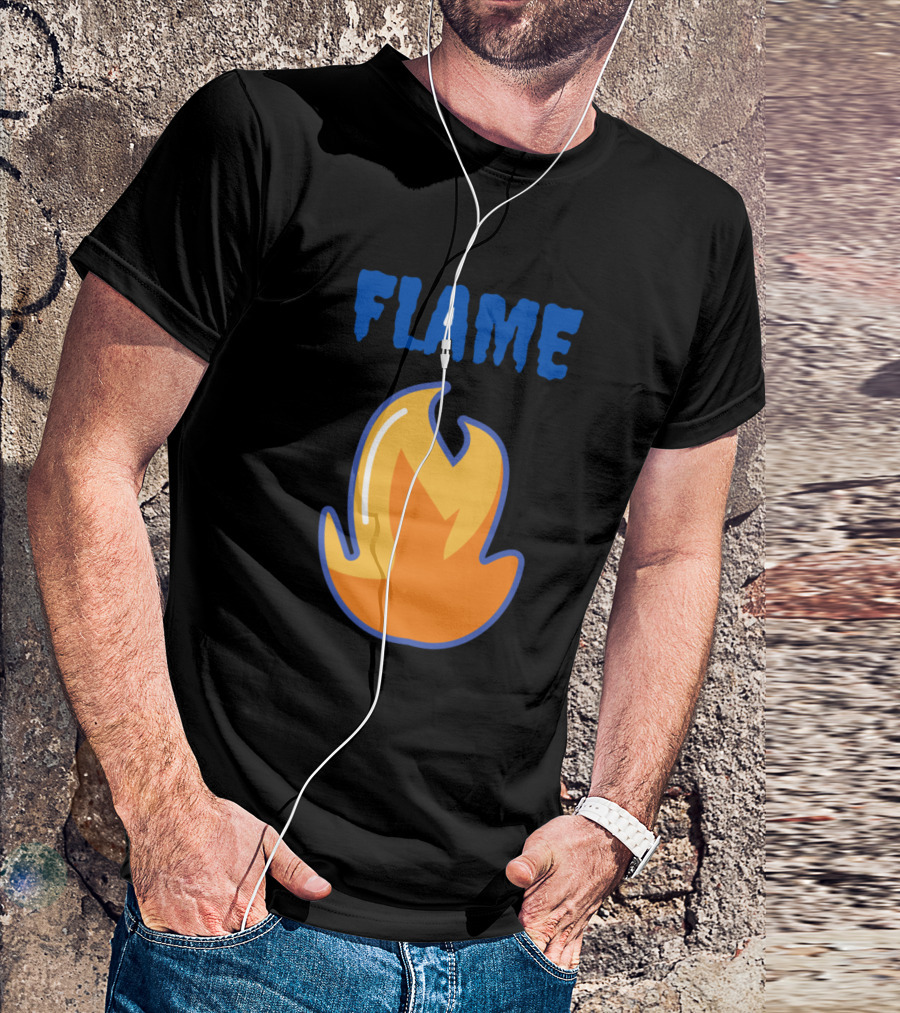 FLAME Fire Icon Bold Blue Text T-Shirt