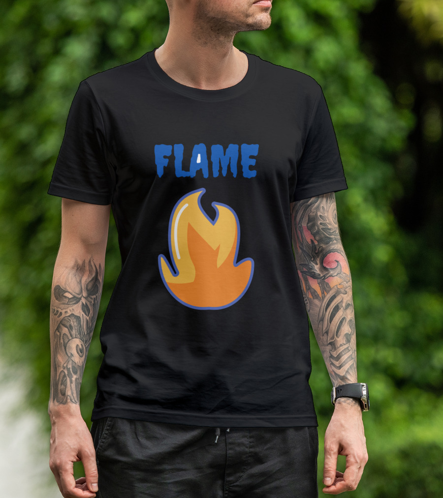 FLAME Fire Icon Bold Blue Text T-Shirt